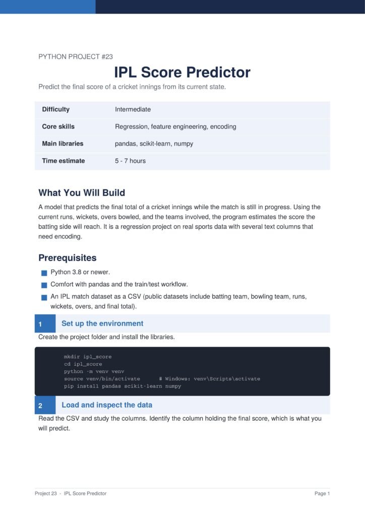 Document page titled 'IPL Score Predictor' with a blue header, a table of difficulty/skills/libraries, and the 'What You Will Build' section nearby.