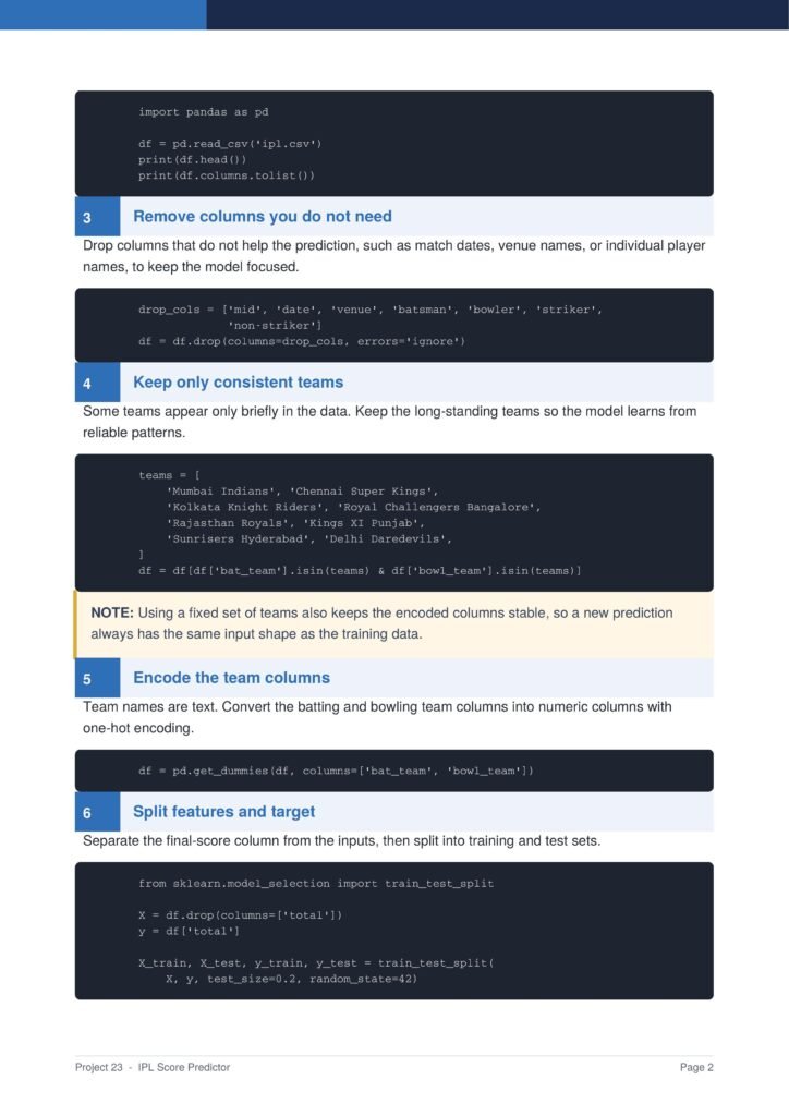 Tutorial page snippet: steps 3–6 for data prep with code blocks and section titles like 'Remove columns you do not need' and 'Keep only consistent teams'.