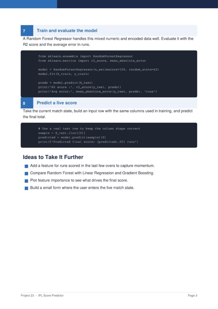 Page from a guide showing section 7 'Train and evaluate the model' with a dark code block and section 8 'Predict a live score' plus a bulleted 'Ideas to Take It Further' list. It appears to be from a project titled 'IPL Score Predictor' (Page 3).