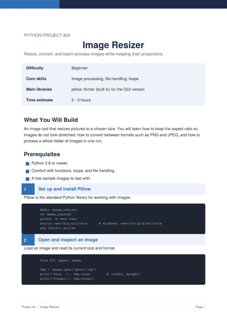 Image Resizer Py Project Guide 1 - Connect 4 Programming Tutorial page for Python Project #34 titled 'Image Resizer' with a description, a blue table of difficulty and skills, and sections on building and prerequisites.