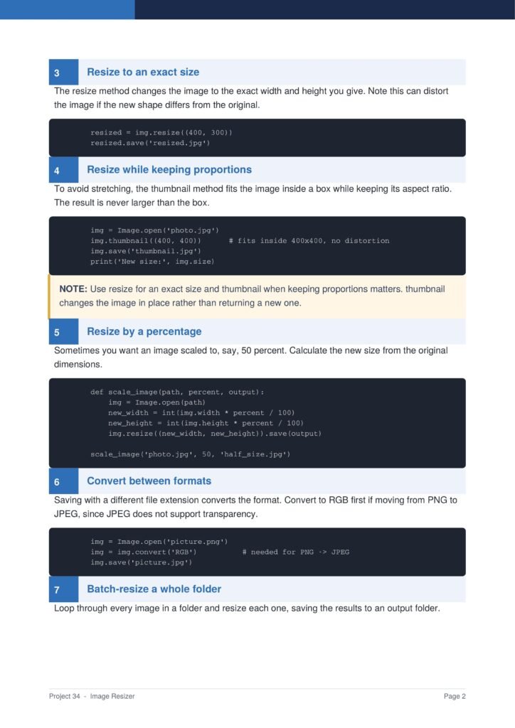 Image Resizer Py Project Guide 2 - Connect 4 Programming Tutorial page showing image resizing steps: 'Resize to an exact size' and 'Resize while keeping proportions' with code blocks and notes.