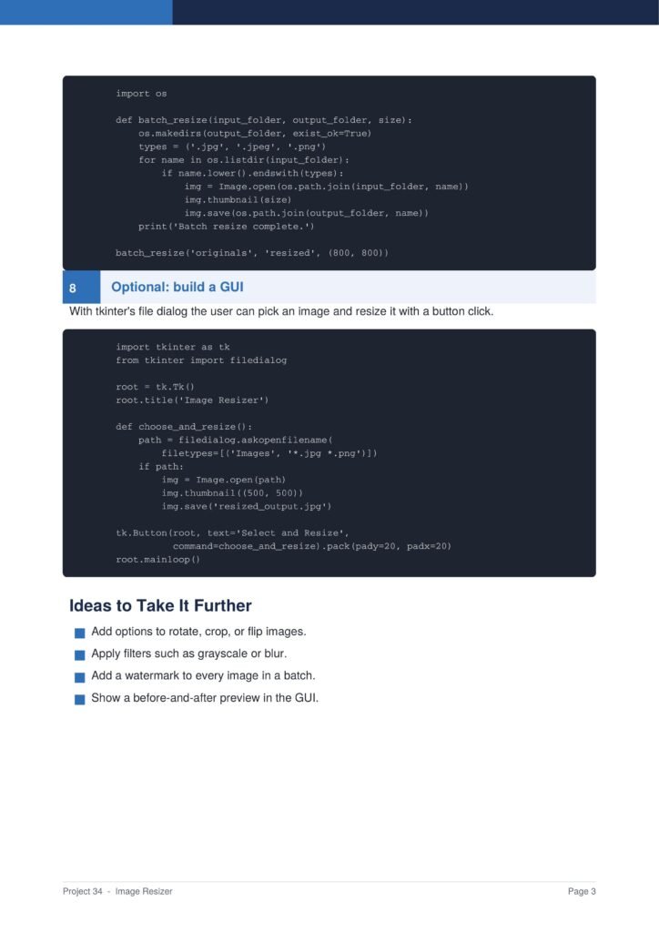 Image Resizer Py Project Guide 3 - Connect 4 Programming Page from a Tkinter image resizer tutorial showing code blocks, a GUI example, and 'Optional: build a GUI' section with ideas.