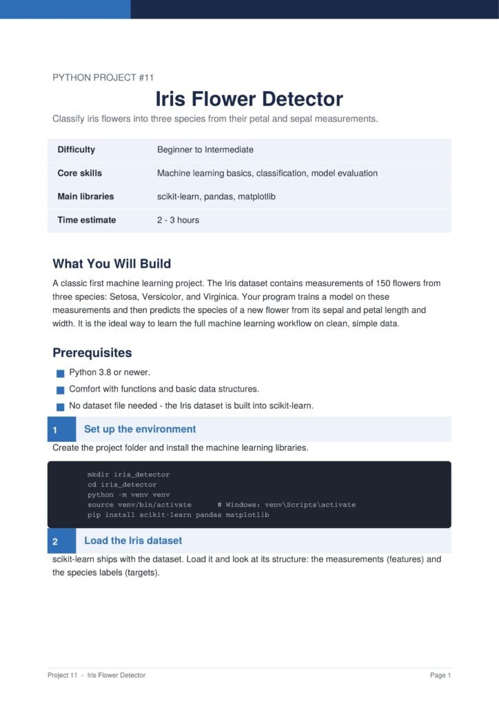 Iris Flower Detector Py Project Guide 1 - Connect 4 Programming Intro slide for 'Iris Flower Detector' project: title, subtitle, and a light blue table listing difficulty, core skills, main libraries, and time estimate.