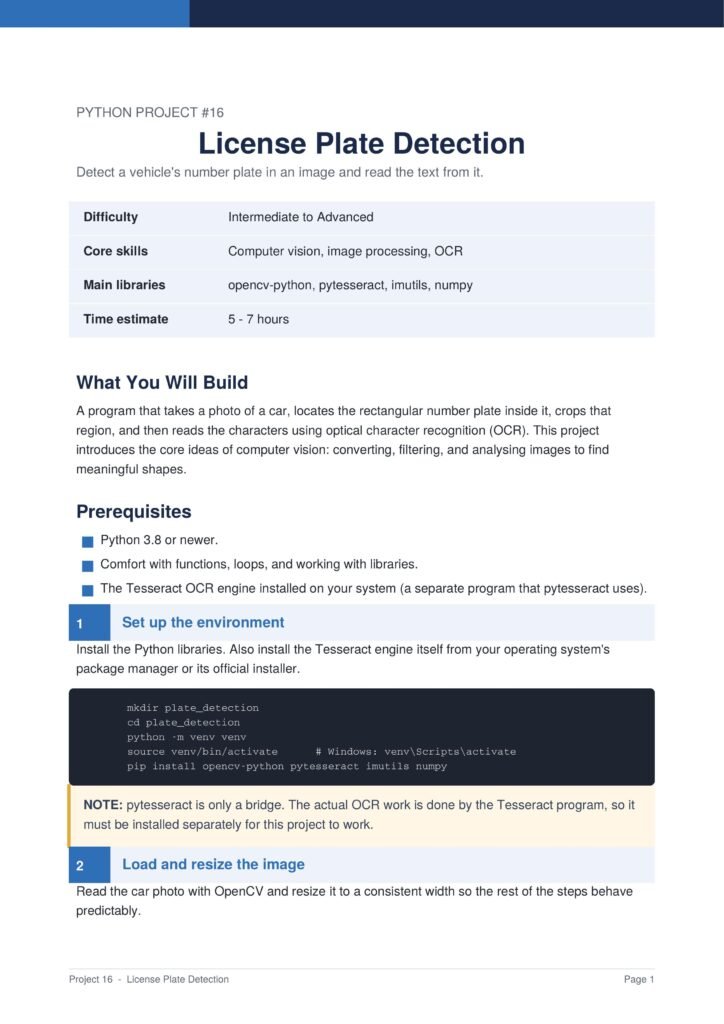 Overview page for Python Project #16: License Plate Detection — describes goal, skills, libraries, and time estimate.