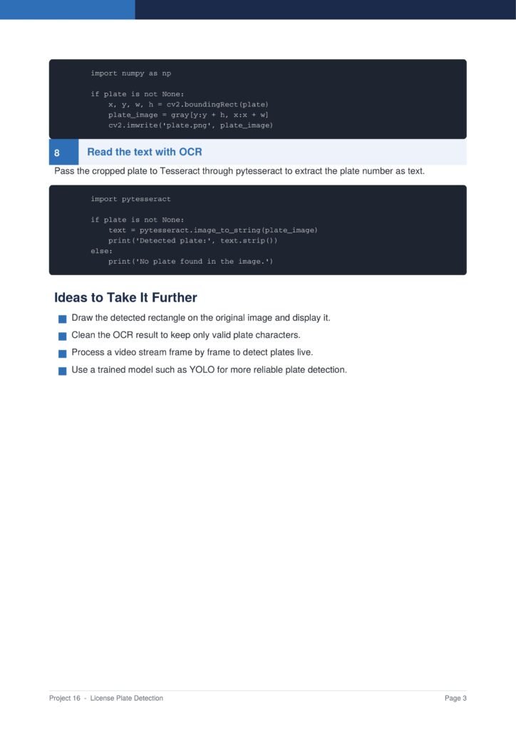 Code blocks showing a license plate detection workflow and OCR steps on a tutorial page, with a'Read the text with OCR' section.