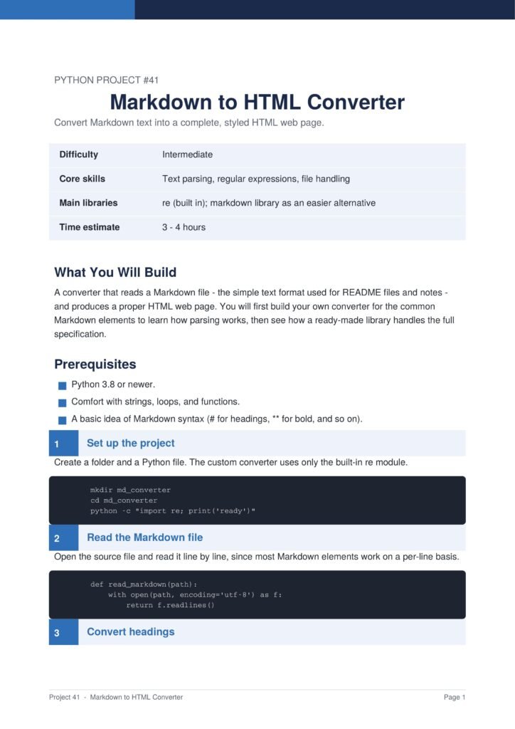 Markdown to HTML Converter Py Project Guide 1 - Connect 4 Programming Project overview:'Markdown to HTML Converter' header with difficulty, skills, libraries, and time estimates table.