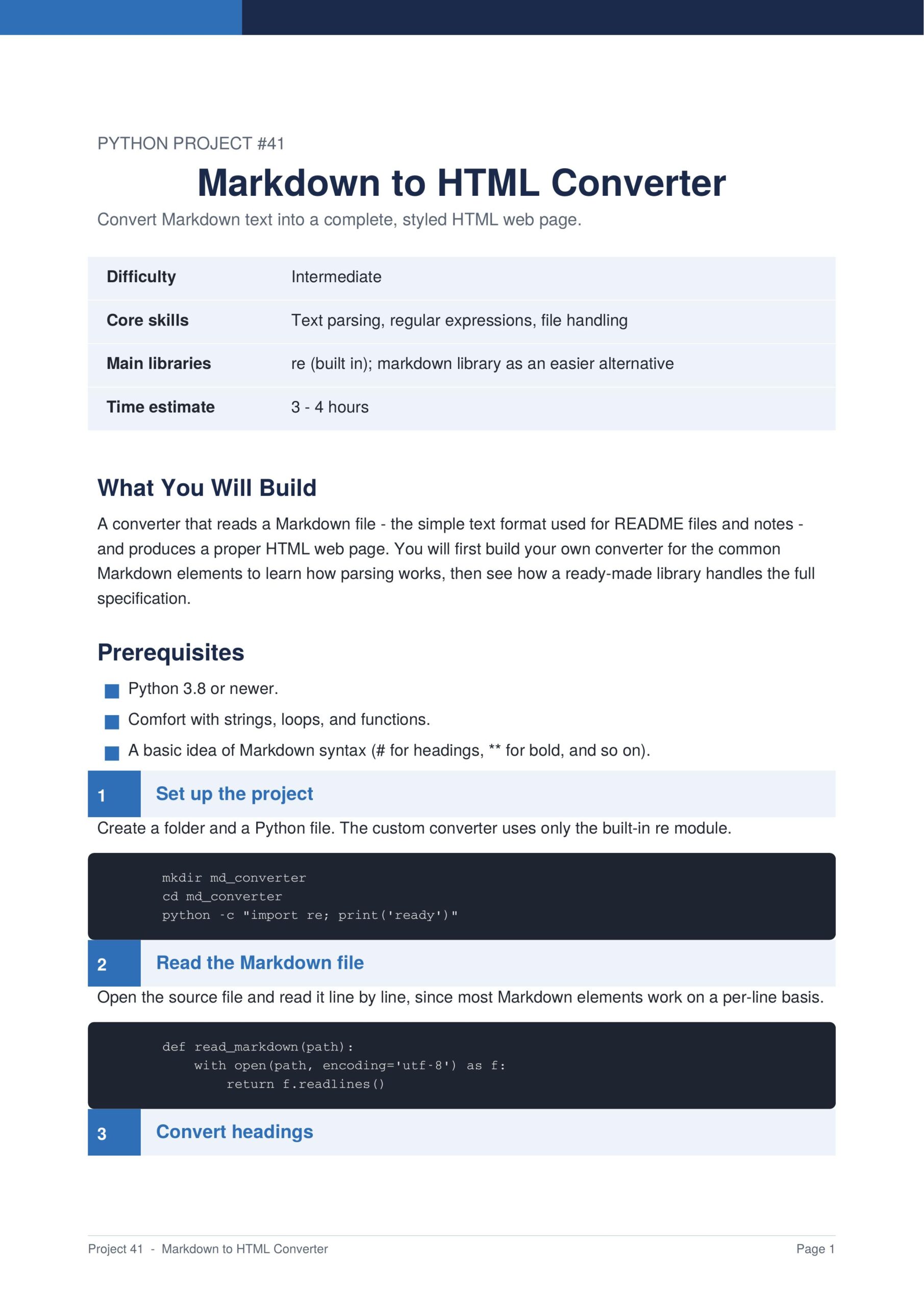 Markdown to HTML Converter Py Project Guide - Connect 4 Programming