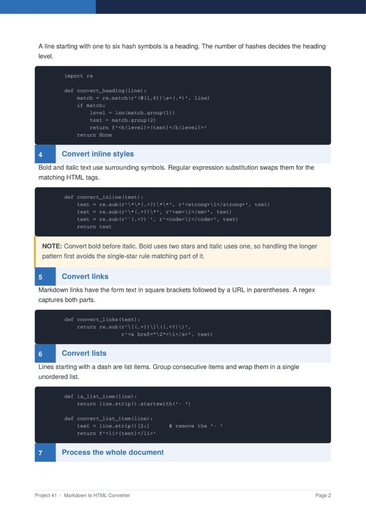Markdown to HTML Converter Py Project Guide 2 - Connect 4 Programming Screenshot of a coding tutorial page showing the section 'Convert inline styles' with a dark code block and light blue headers, plus surrounding explanatory text.