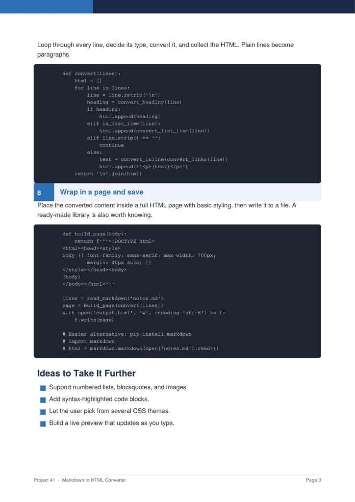 Markdown to HTML Converter Py Project Guide 3 - Connect 4 Programming Screenshot from a tutorial page showing Python code to convert lines to HTML, with a dark code block and a blue section header titled 'Wrap in a page and save'.