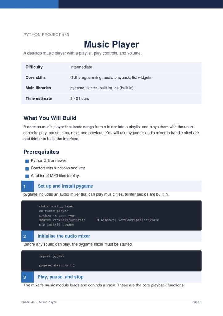 Page from a Python Project brochure titled'Music Player' showing its purpose, difficulty, skills, and setup time.