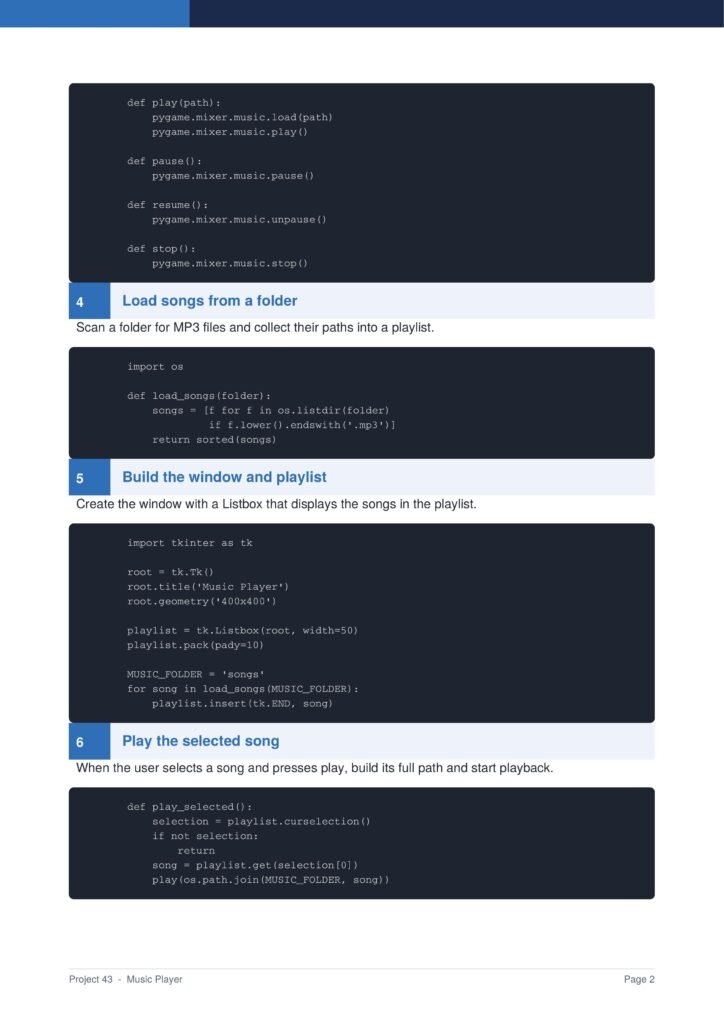 Screenshot of a coding tutorial page showing sections 4 to 6. It includes dark code blocks with Python-like functions (load_songs, play, etc.), a blue numbered section header'Load songs from a folder' and the subtitle 'Scan a folder for MP3 files and collect their paths into a playlist.'