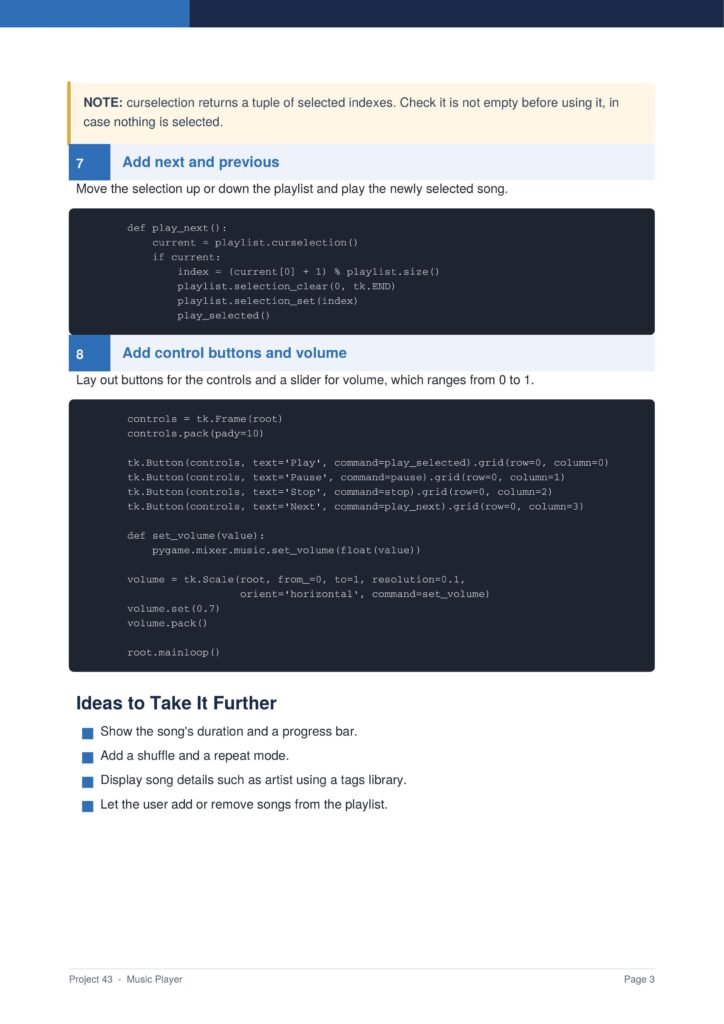 Tutorial page excerpt: steps 7 and 8 with a note, blue section headers, and code blocks for play_next and volume controls in a dark panel.