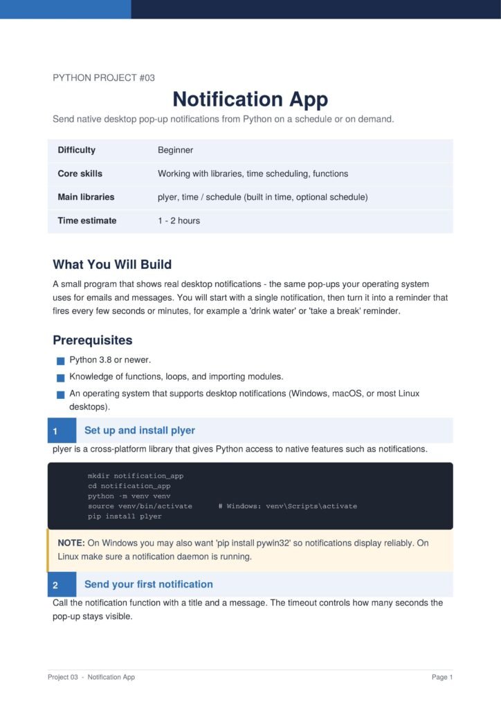 Slide titled 'Notification App' from Python Project #03 showing project details and a light-blue table with difficulty, core skills, main libraries, and time estimate.