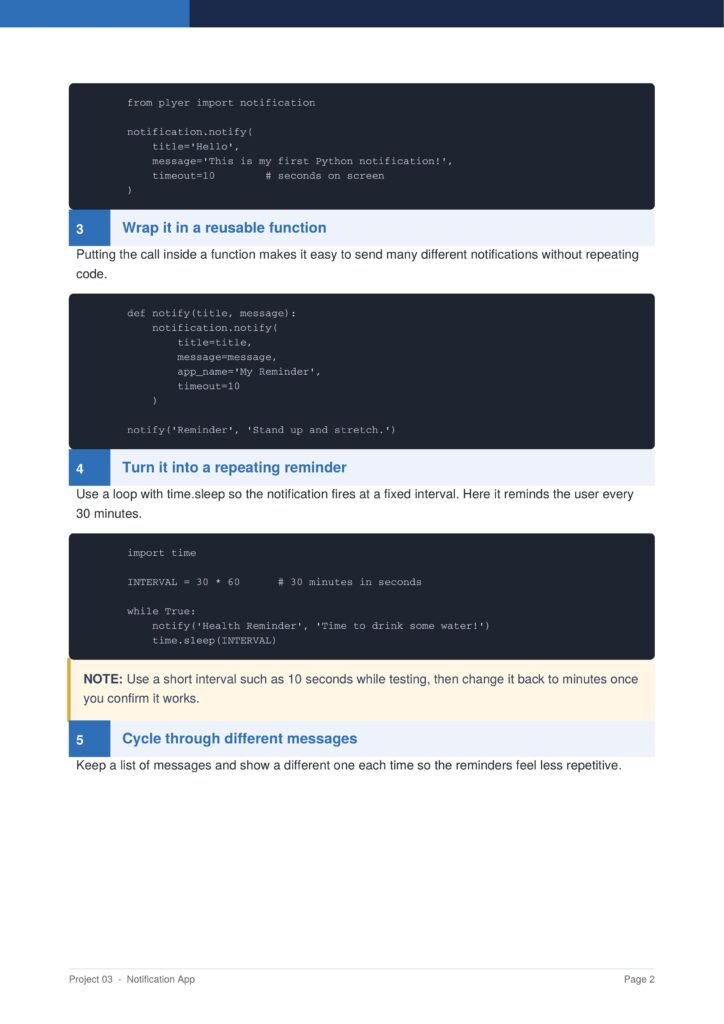 Tutorial page showing Python notification examples: section 3 'Wrap it in a reusable function' with code blocks, then section 4.