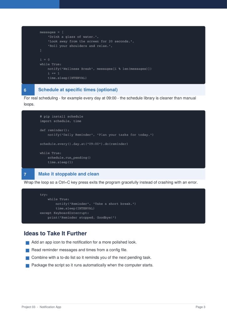 Code blocks about scheduling reminders, with a section titled 'Schedule at specific times (optional)', followed by 'Make it stoppable and clean'.
