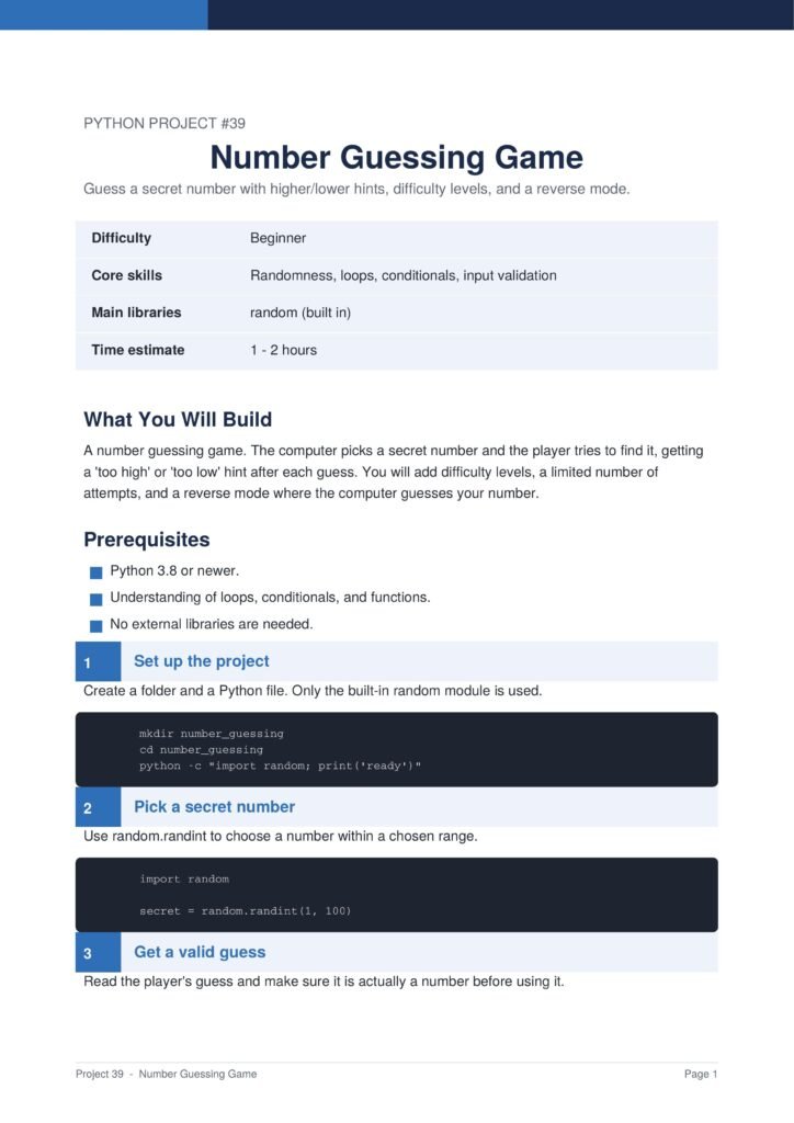 Screenshot of a tutorial page titled 'Number Guessing Game' showing a blue header, a light blue table with sections for Difficulty, Core skills, Main libraries, and Time estimate, and the introductory text about building the game.