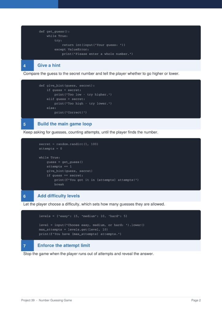 Tutorial page screenshot for a Python number guessing game with sections 4 Give a hint, 5 Build the main game loop, and 6 Add difficulty levels; includes dark code blocks and blue section headers, plus page footer 'Project 39 - Number Guessing Game'.
