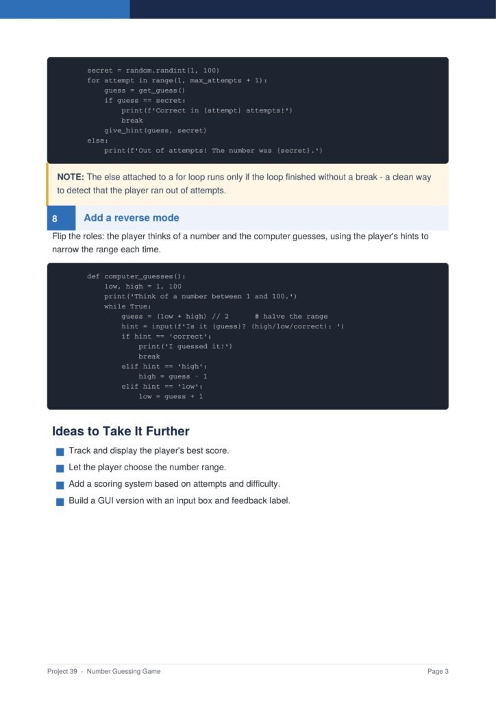 Screenshot of a tutorial page titled 'Number Guessing Game' showing code blocks, a note, and a section 'Add a reverse mode' with descriptive text.