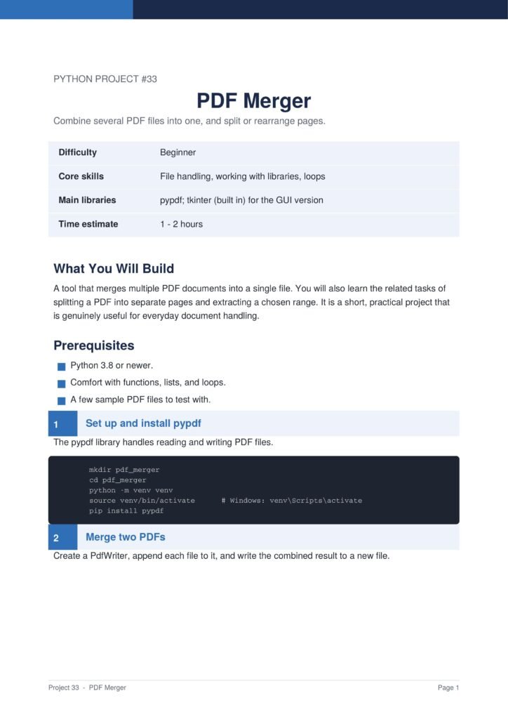 Screenshot of a documentation page titled 'PDF Merger' showing an overview and a light-blue difficulty table for Python Project #33, with sections 'What You Will Build' and prerequisites visible below.