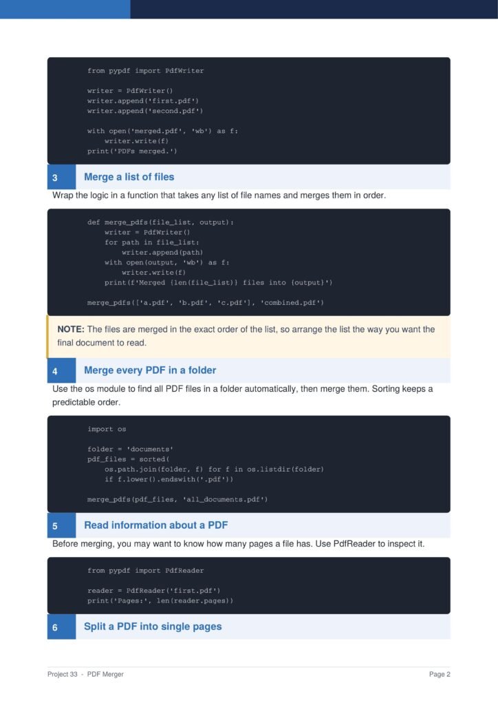 Code snippet from a Python PDF merge tutorial showing how to merge multiple PDFs (merge_pdfs) with a file list and writer setup, on a step-by-step guide page.