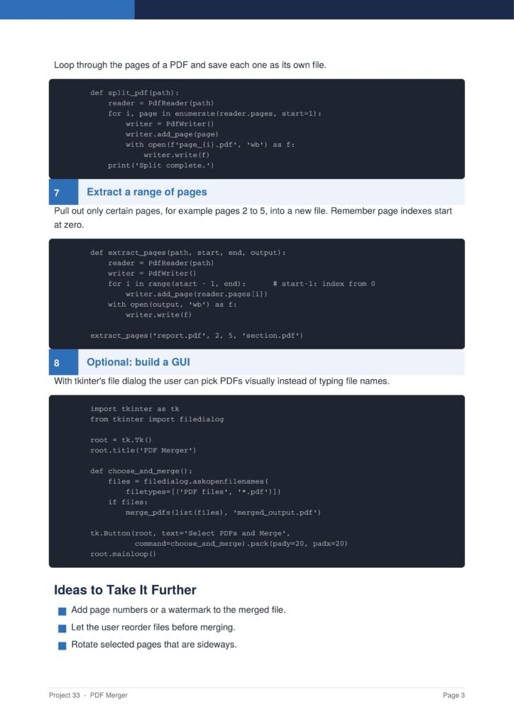 Screenshot of a tutorial page showing Python code to split a PDF and extract a range of pages from a PDF Merger guide with a blue header (section 7).