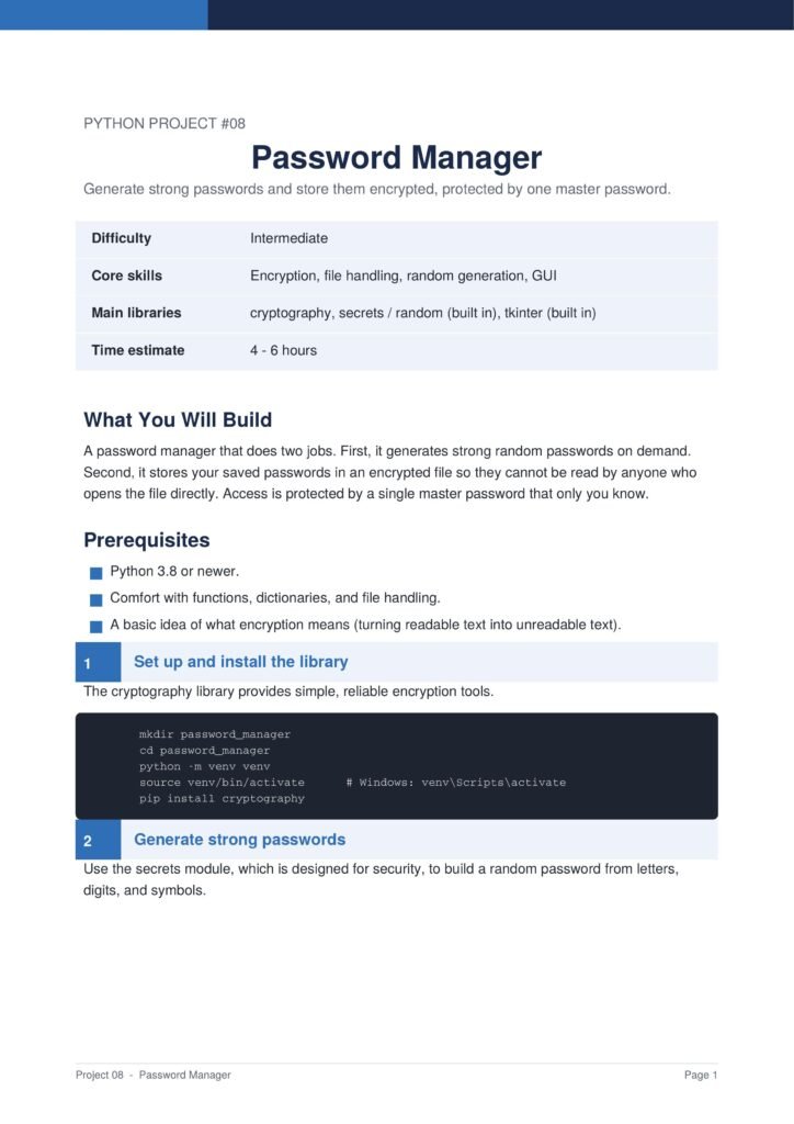 Slide showing Password Manager project: title, subtitle, difficulty, skills, libraries, and time estimate.
