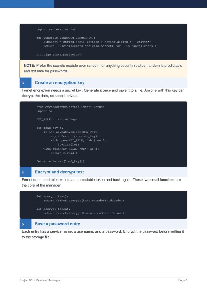 Screenshot of a tutorial page about password management and encryption. It shows Python code blocks, a highlighted step titled 'Create an encryption key', and explanatory notes about Fernet encryption.