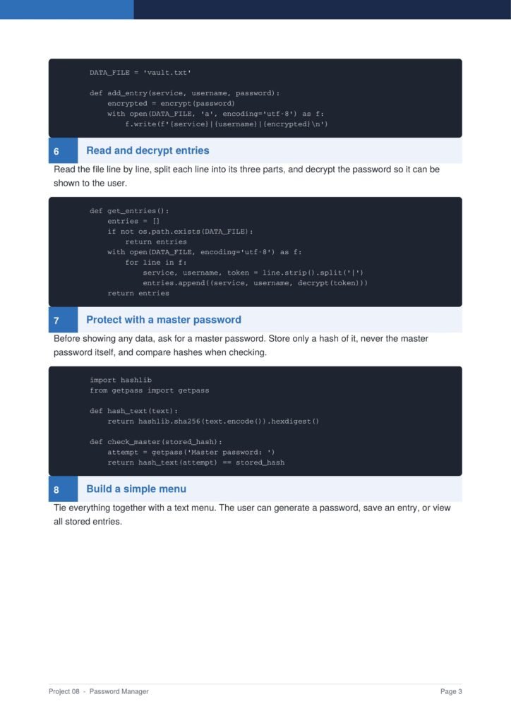 Page from a technical guide showing code snippets and section titles: 'Read and decrypt entries' and 'Protect with a master password' (Project 08 - Password Manager). The image includes dark rounded code blocks and blue section headers.