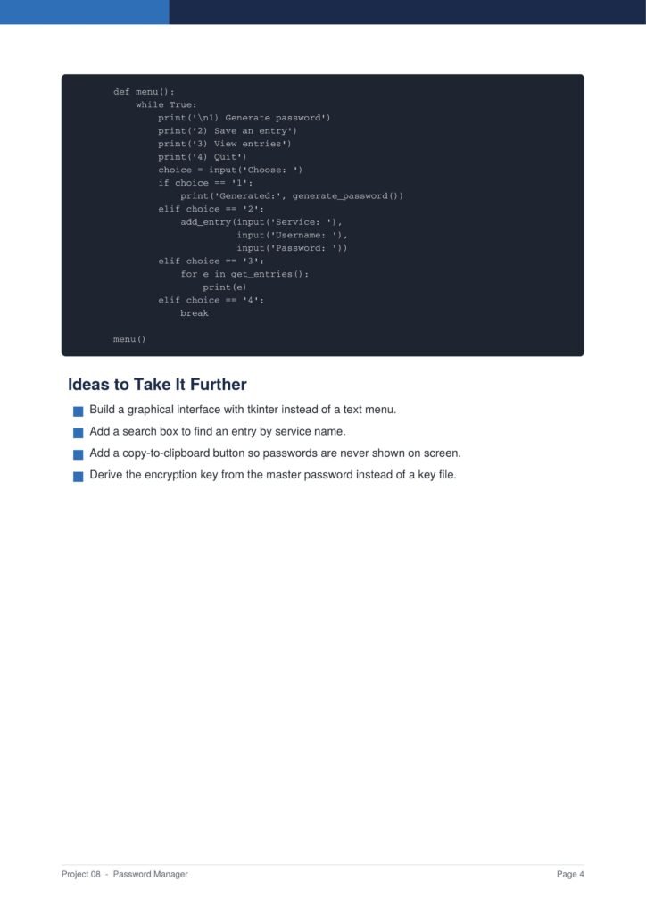 Code snippet displayed on a page titled 'Ideas to Take It Further' with bullet-point ideas below.