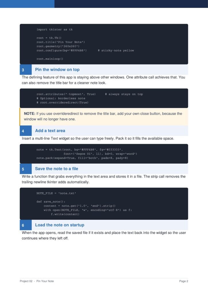 Tutorial page showing step 3 'Pin the window on top' with code blocks and a note about the window staying on top in Tkinter.