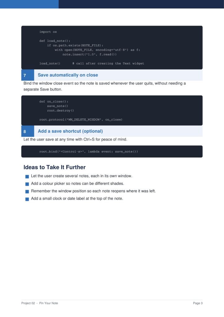 Tutorial page screenshot showing step 7: 'Save automatically on close' with a code block snippet and a description about binding window close to auto-save the note, followed by step 8 'Add a save shortcut (optional)' with another code block and guidance.