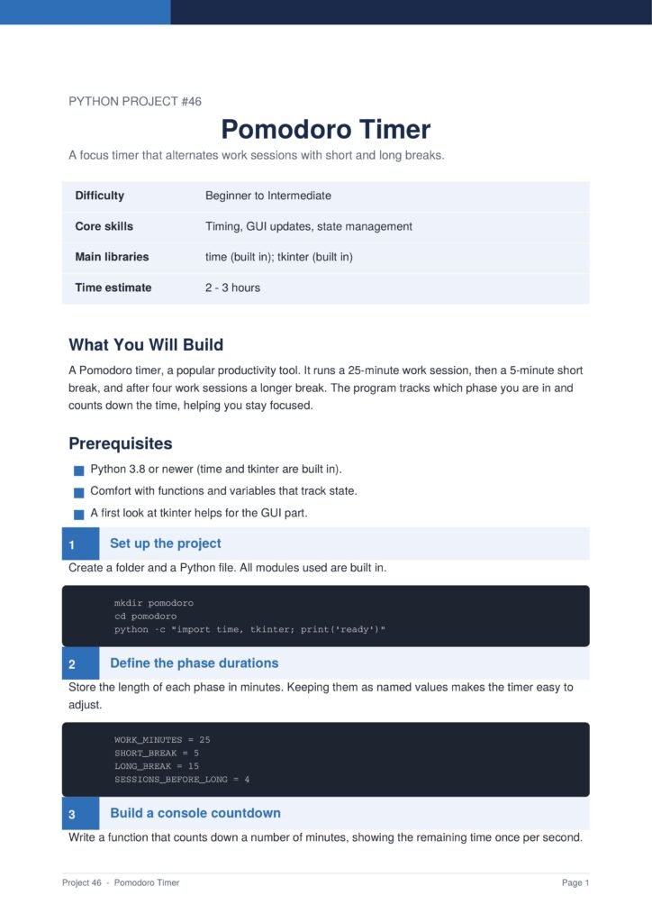 Pomodoro Timer Py Project Guide 1 - Connect 4 Programming Document page titled Pomodoro Timer: project overview with a four-row table (Difficulty, Core skills, Main libraries, Time estimate).