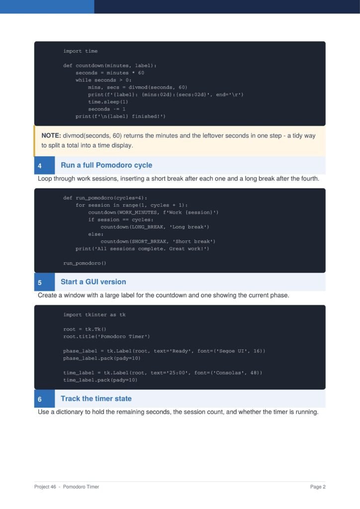 Pomodoro Timer Py Project Guide 2 - Connect 4 Programming Tutorial page showing code blocks for a Pomodoro timer; sections 4–6 titled 'Run a full Pomodoro cycle', 'Start a GUI version', and 'Track the timer state' with explanatory text and screenshots of Python code.