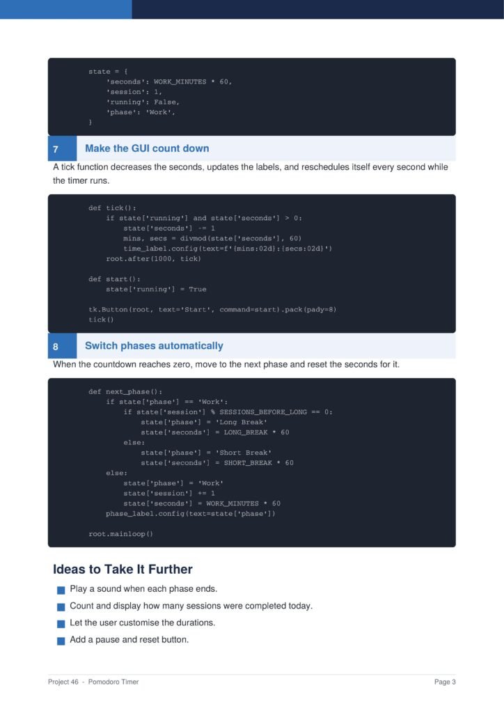 Pomodoro Timer Py Project Guide 3 - Connect 4 Programming Section from Pomodoro Timer tutorial showing a dark code block followed by a blue header 'Make the GUI count down' and a paragraph describing a ticking timer, then another dark code block with a 'def tick()' function.