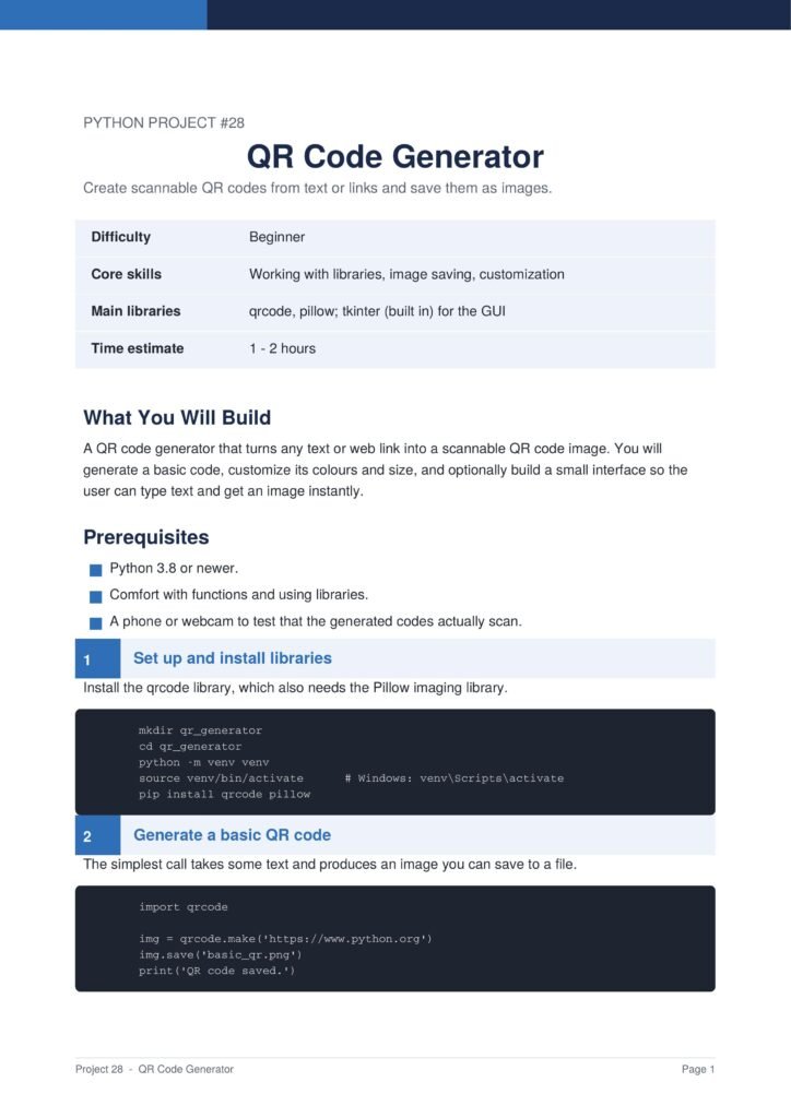 QR Code Generator Py Project Guide 1 - Connect 4 Programming Documentation page header: 'QR Code Generator' with blue top bar and table of Difficulty, Core skills, Main libraries, Time estimate (Beginner).