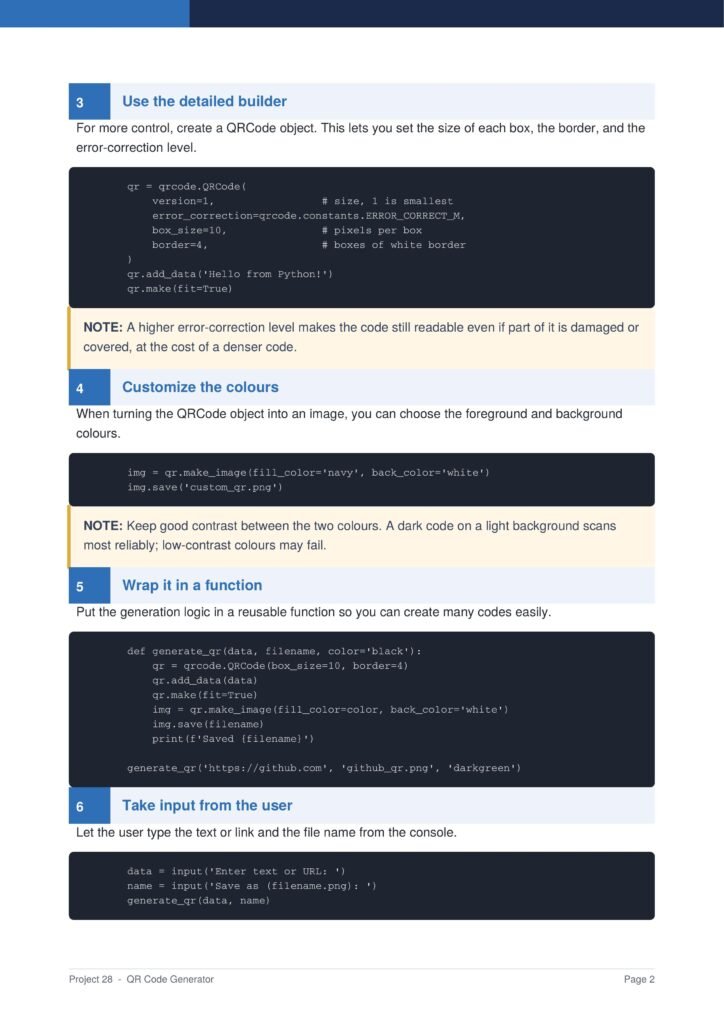 QR Code Generator Py Project Guide 2 - Connect 4 Programming Tutorial page snapshot showing steps 3–6 for a QR Code Generator, with code blocks and note boxes.