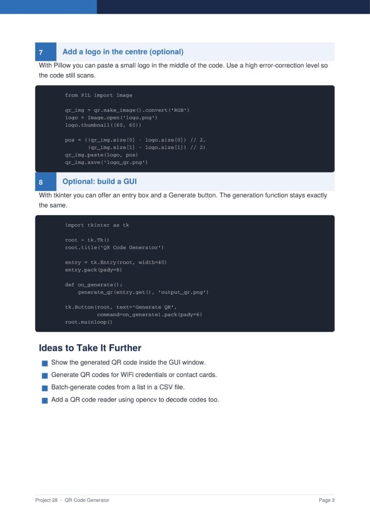 QR Code Generator Py Project Guide 3 - Connect 4 Programming Page from a tutorial showing Step 7: add a centered logo (with code) and Step 8: optional GUI for a QR code generator, including code blocks and headings.
