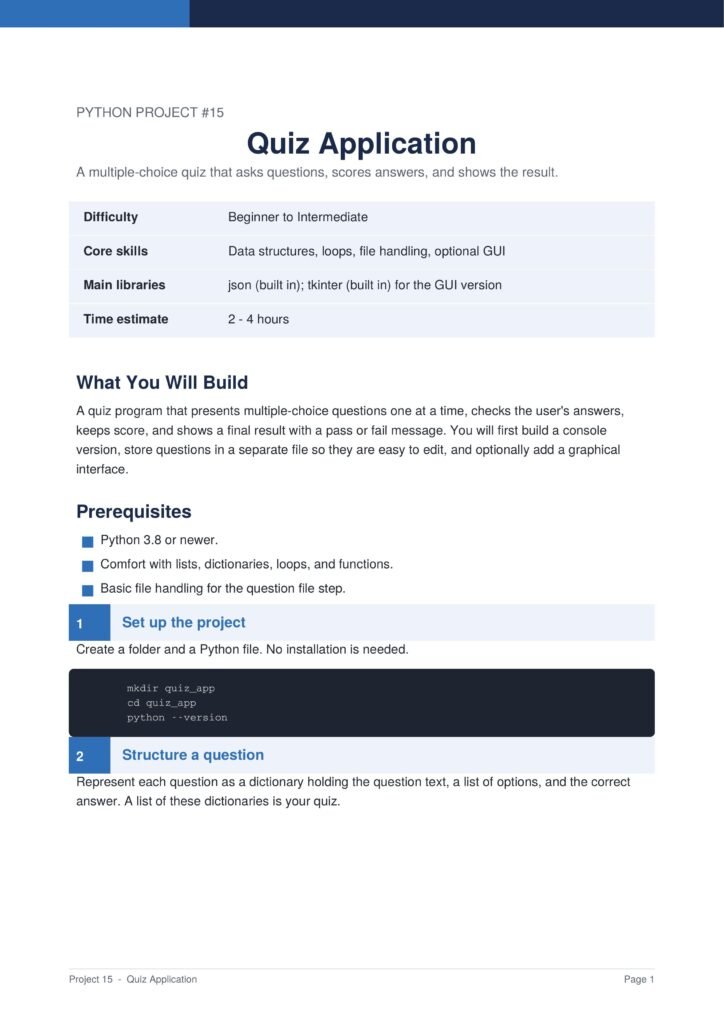 Quiz Application Py Project Guide 1 - Connect 4 Programming Quiz Application title page of a Python project PDF describing a quiz app and its outline: goals, prerequisites, and setup steps.