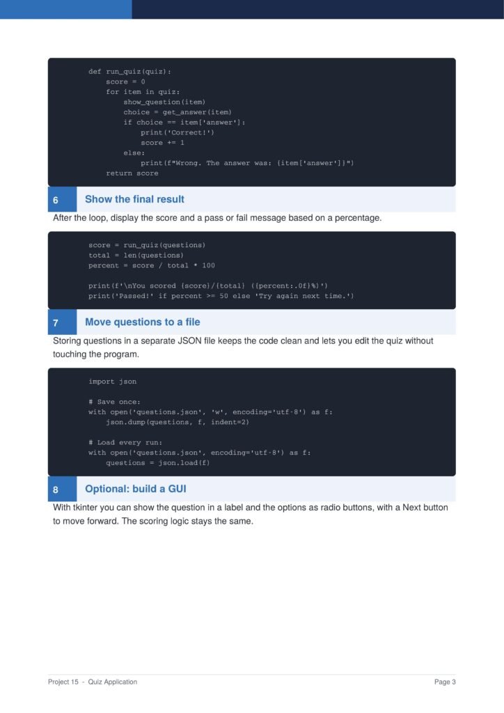 Quiz Application Py Project Guide 3 - Connect 4 Programming Tutorial page screenshot with dark code blocks and section headers, showing steps 6–8 for a quiz app.