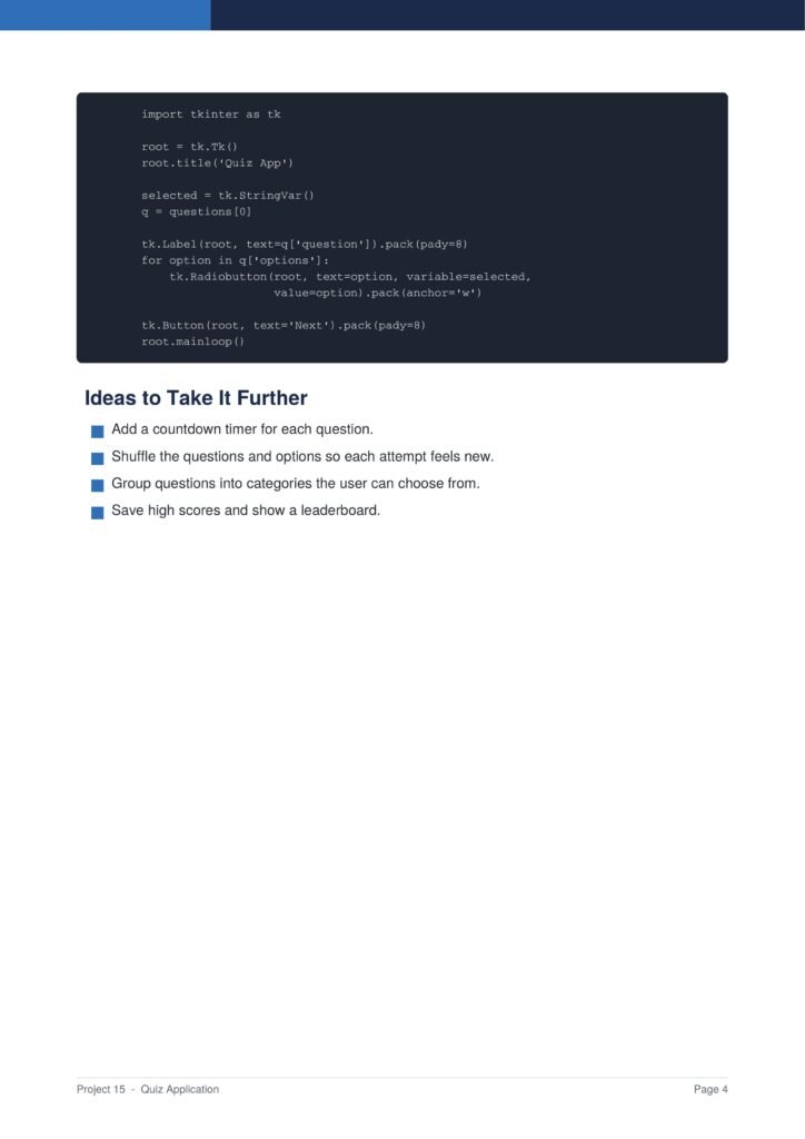 Quiz Application Py Project Guide 4 - Connect 4 Programming Screenshot of a quiz app page: a dark code block with Python-like text, then a section titled'Ideas to Take It Further' with four blue bullet points.