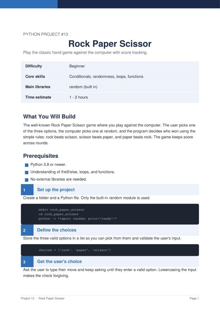 Header page for Python Project #13: Rock Paper Scissor with a blue navigation bar and a table listing difficulty, core skills, libraries, and time estimate. (informative)