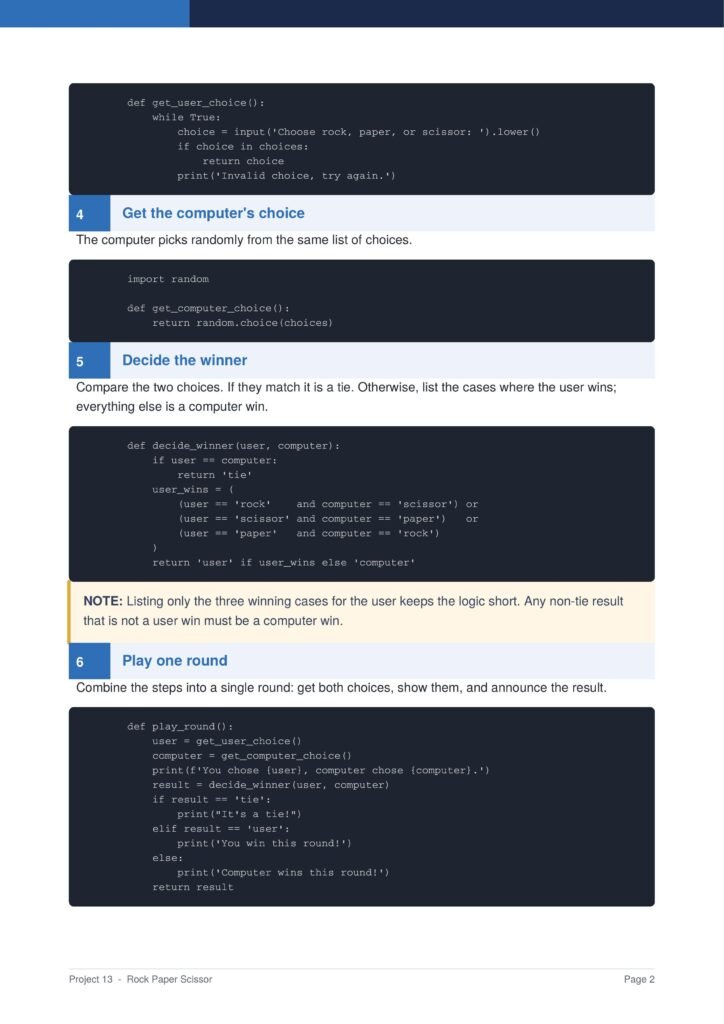 Section of a programming tutorial showing steps 4–6 for Rock, Paper, Scissors, with code blocks for user/computer choices and deciding the winner.