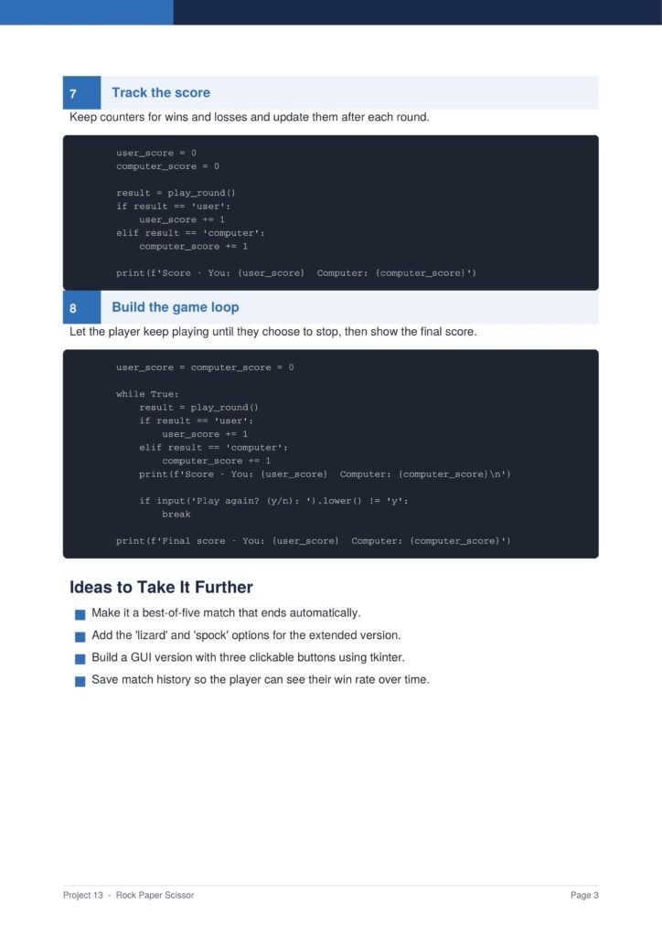Tutorial page showing sections 'Track the score' and 'Build the game loop' with dark code blocks illustrating score tracking for a Rock Paper Scissors game (user_score and computer_score).