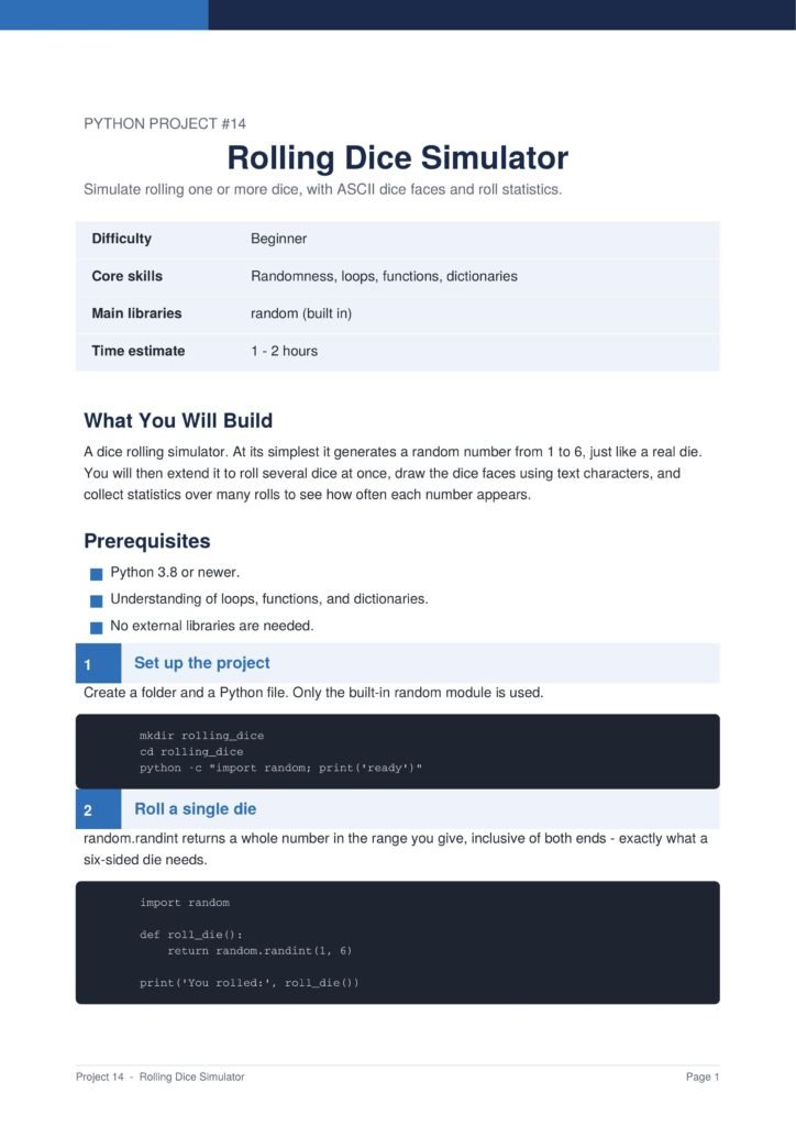 Rolling Dice Simulator Py Project Guide 1 - Connect 4 Programming Rolling Dice Simulator project page with title, subtitle, and a blue table of details (difficulty, core skills, libraries, time).