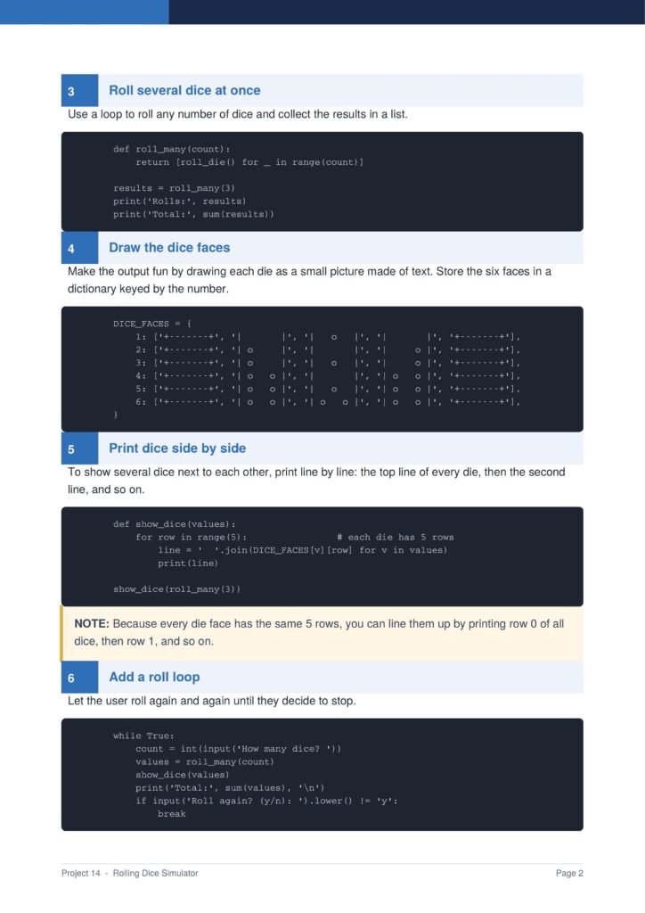 Rolling Dice Simulator Py Project Guide 2 - Connect 4 Programming Section 3: Roll several dice at once—Python code for roll_many and example usage in a dark code block.