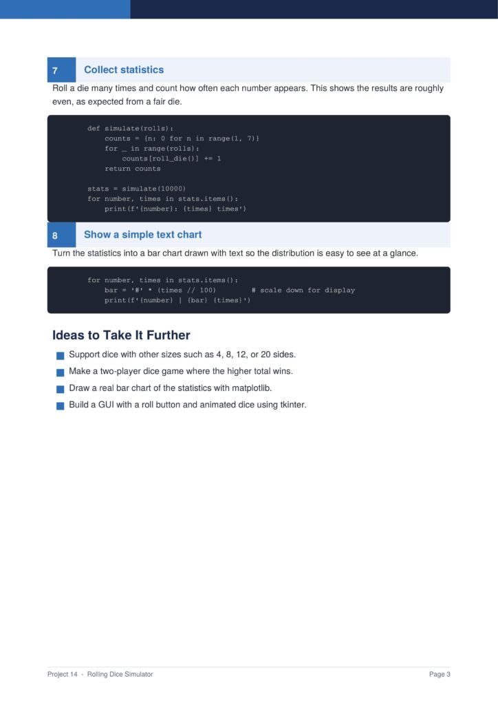 Rolling Dice Simulator Py Project Guide 3 - Connect 4 Programming Section header 'Collect statistics' with code block showing a dice roll simulation snippet. Instructs rolling a die to tally counts and print results on stats= simulate(10000).
