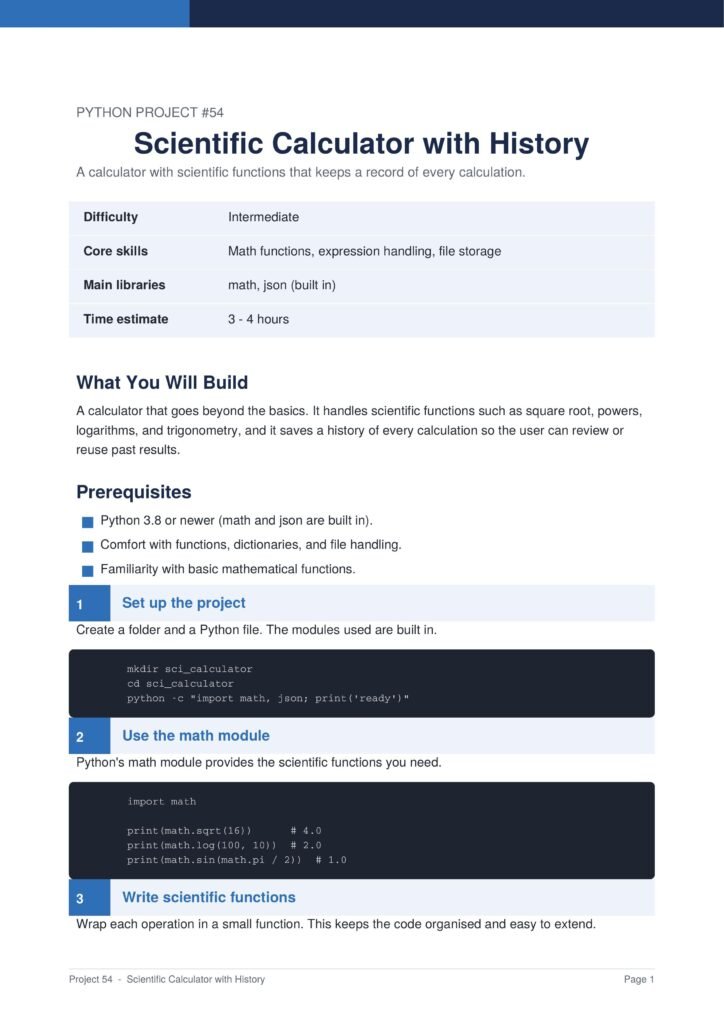 Title slide for Python Project #54: 'Scientific Calculator with History' with a small table showing Difficulty, Core skills, Main libraries, and Time estimate.