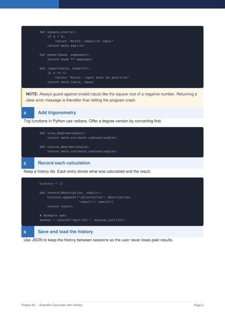 Screenshot of a tutorial page showing Python code blocks for math functions (square_root, power, log) with a note and section 4 Add trig functions.