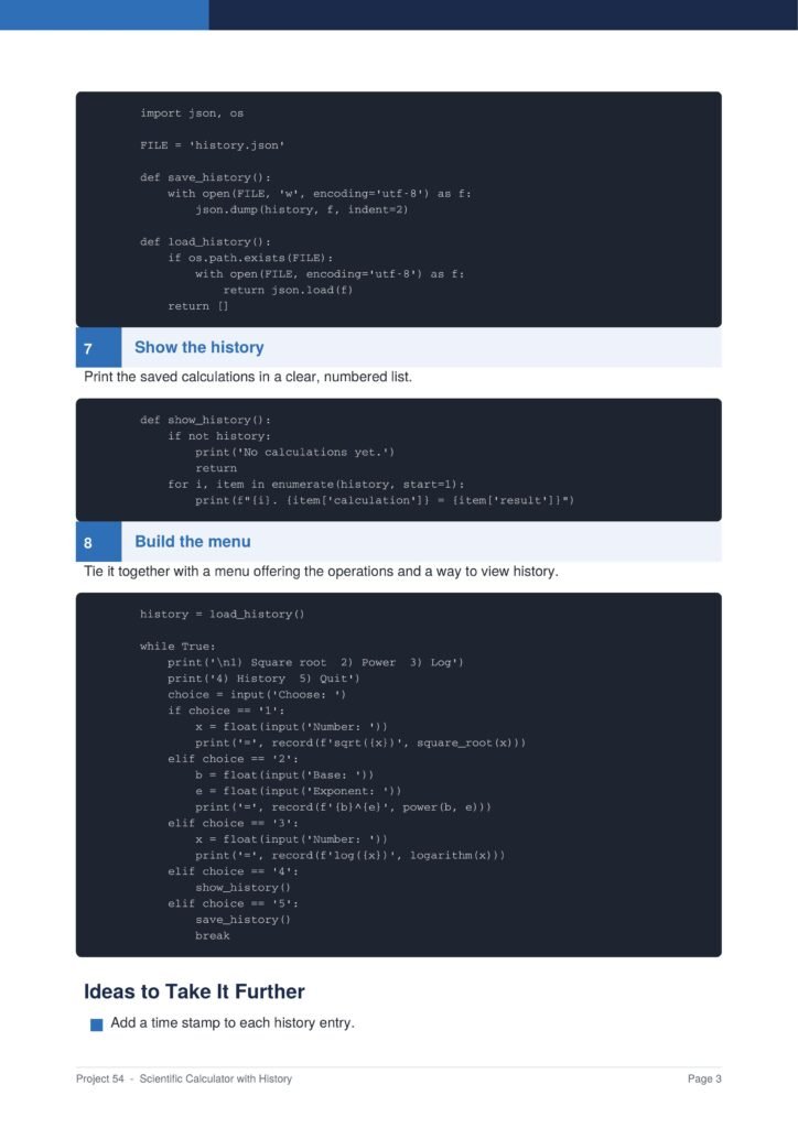 Code-focused page showing Python functions like save_history and load_history with a 'Show the history' section in a tutorial document.