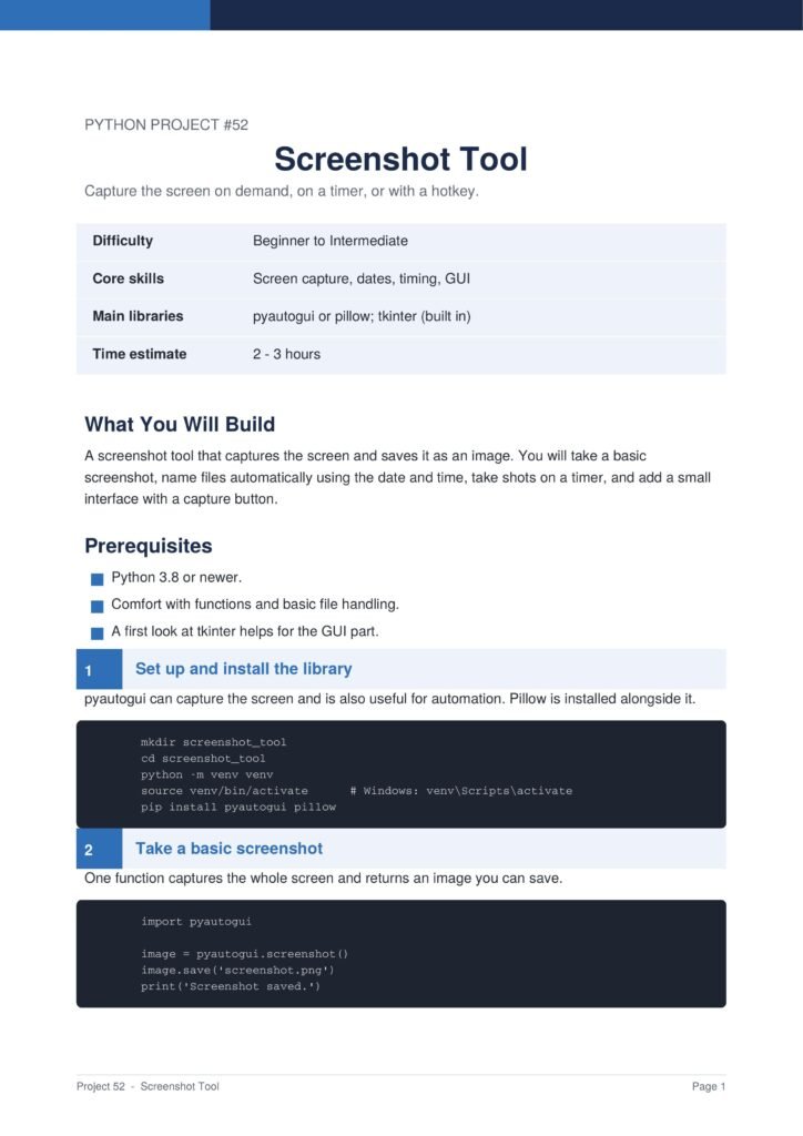 Screenshot Tool Py Project Guide 1 - Connect 4 Programming Document page titled 'Screenshot Tool' showing project overview, header, and a table with difficulty, core skills, main libraries, and time estimate.